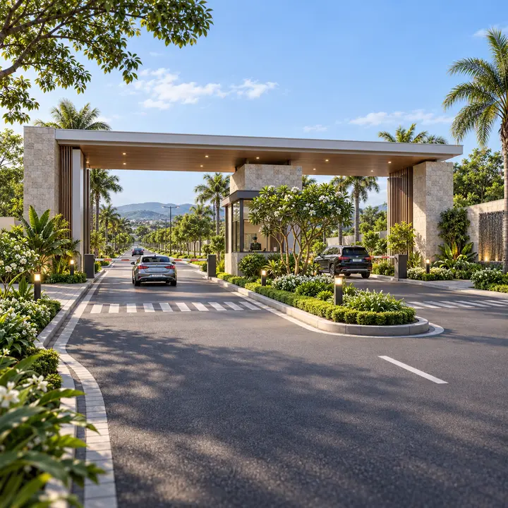 Concorde Doddaballapur gated entrance with a stone-clad canopy, landscaped median and a zebra crossing, artist's impression Concorde Doddaballapur gated entrance with a stone-clad canopy, landscaped median and a zebra crossing, artist's impression