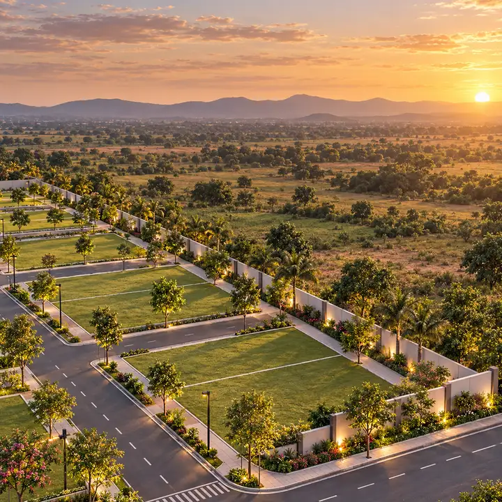 Concorde Doddaballapur plots and lit compound walls at golden hour with open land and a distant ridge beyond, artist's impression Concorde Doddaballapur plots and lit compound walls at golden hour with open land and a distant ridge beyond, artist's impression